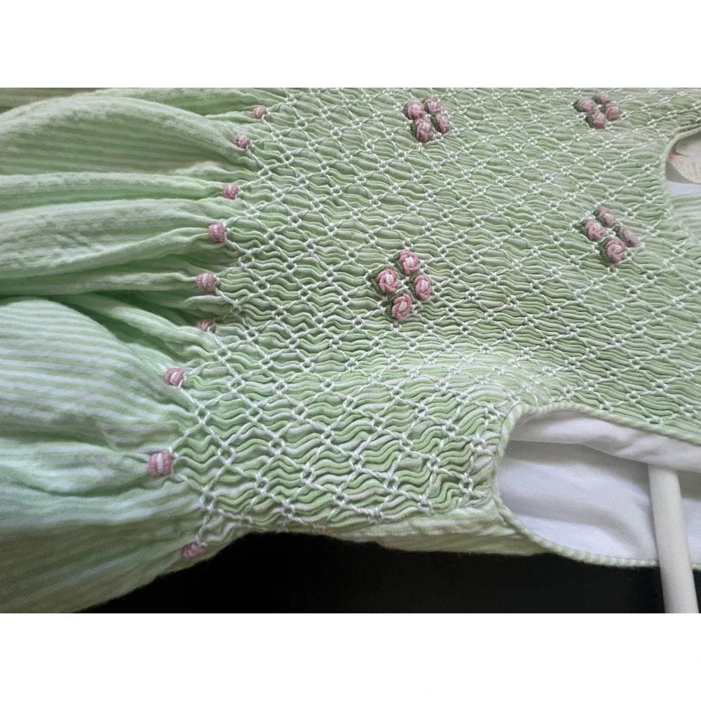 Vintage Strausburg Smocked Dress in Green Seersucker with Pink Roses - 5